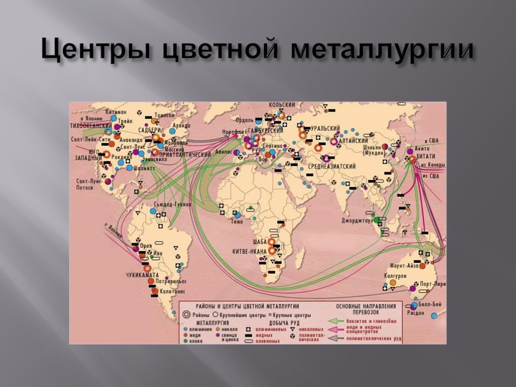 Легкая крупные центры. Крупнейшие центры цветной металлургии в России на карте. Центры цветной металлургии в мире на карте.